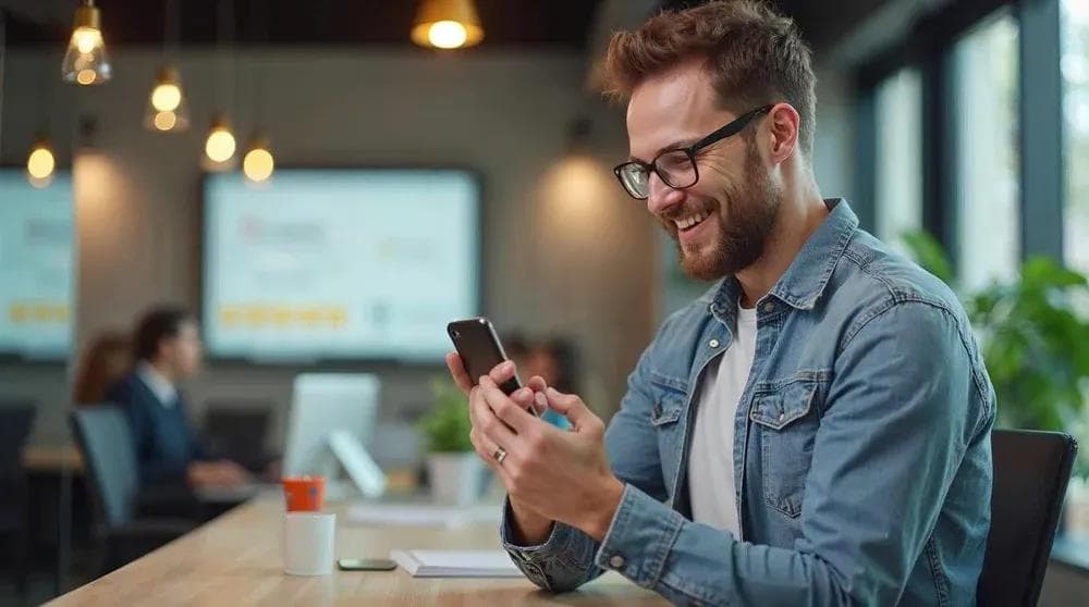 Local business owner checking Google reviews on smartphone in a modern office setting