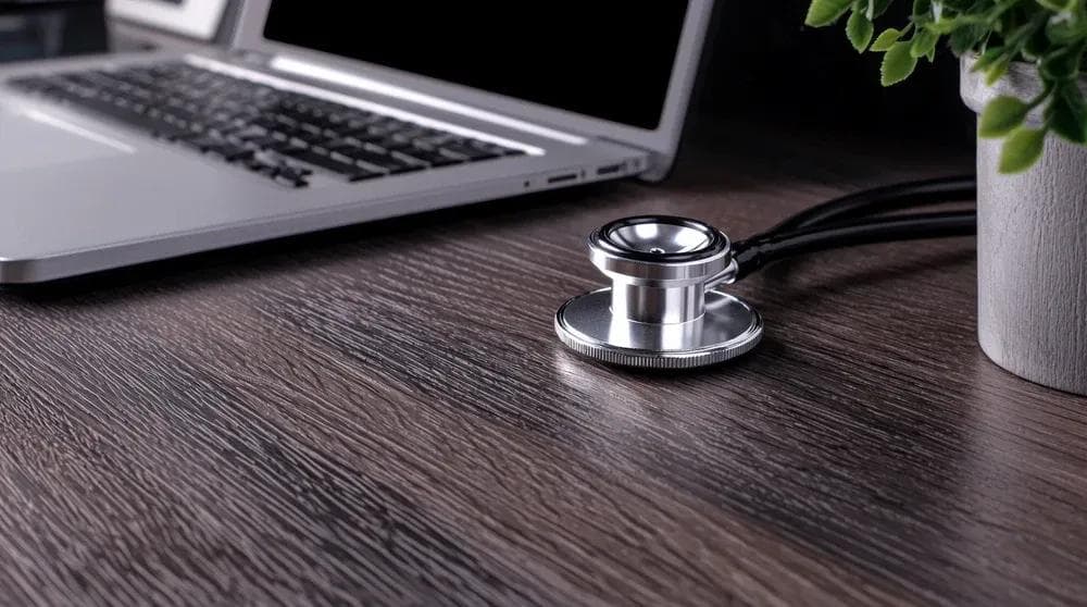 Medical office desk with stethoscope and laptop representing local SEO for healthcare providers