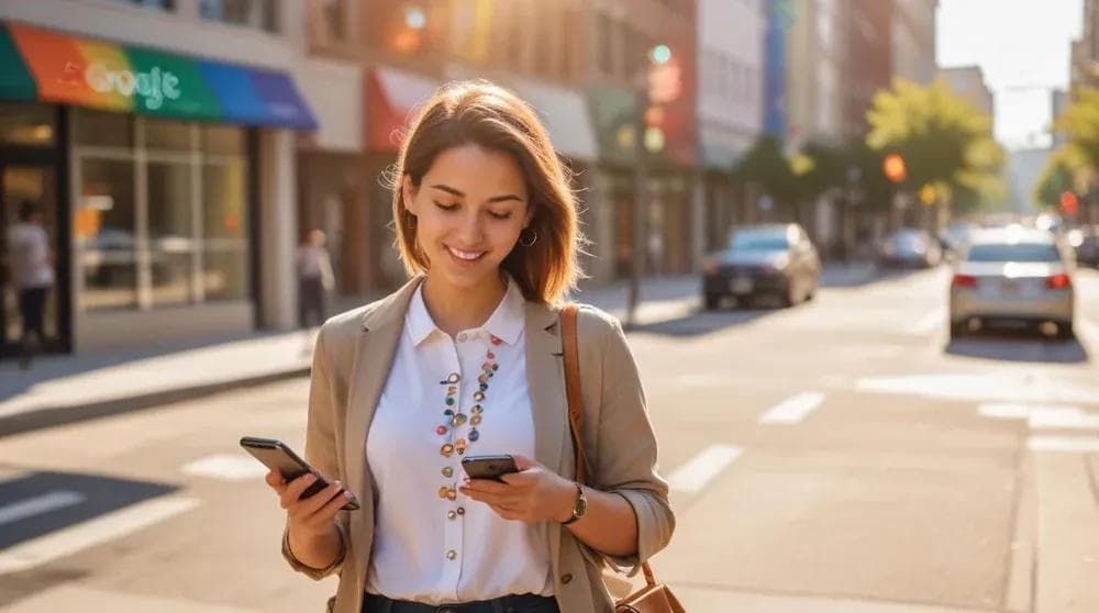 Professional checking Google Maps local business results on phone walking on city street